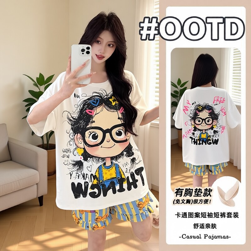 2025带胸垫睡衣女夏季短袖短裤卡通女孩家居服棉质两件套外穿薄款