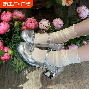 粗跟复古银色玛丽珍鞋女2024新款秋季日系jk单鞋圆头蝴蝶结小皮鞋