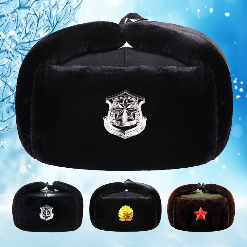 苏联帽徽军绿棉帽冬季防风保暖加厚黑色皮保安执勤帽雷锋帽男平顶