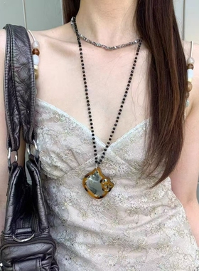 豹纹设计感小猫镜子吊坠项链女叠戴长款锁骨链可爱百搭补妆镜颈链