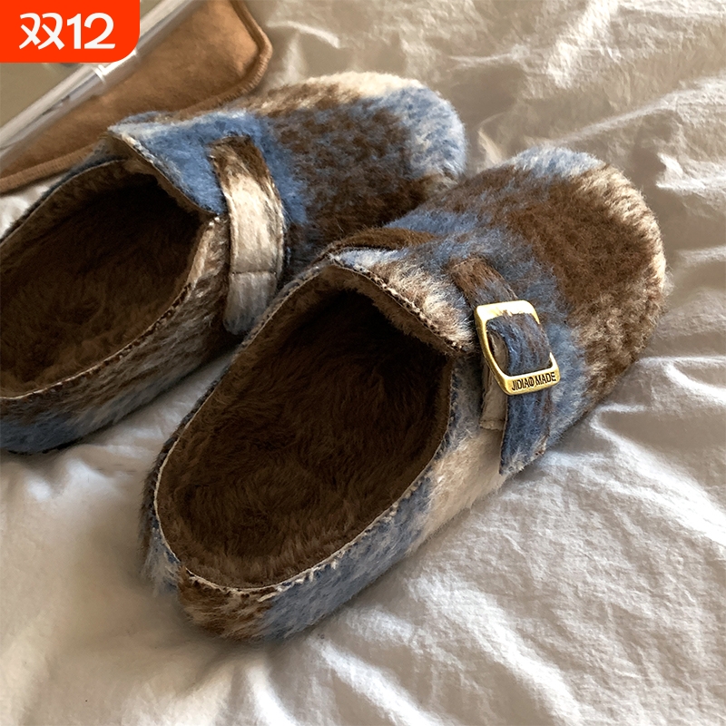 复古学院风~原创加绒半拖穆勒鞋2025新秋冬女鞋毛毛勃肯鞋平底