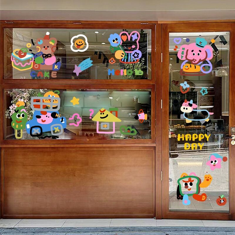 多巴胺花朵墙贴纸ins网红店铺玻璃门橱窗防撞踢脚线腰线静电贴画