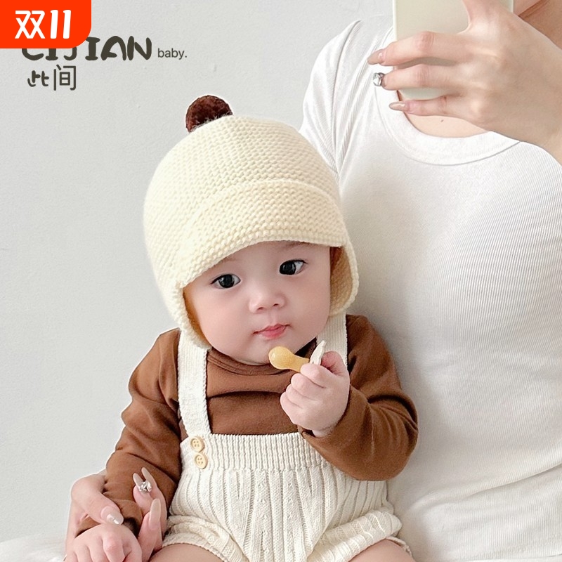 宝宝帽子秋冬季保暖防风护耳针织帽韩版男女童包头毛线帽红色帽檐