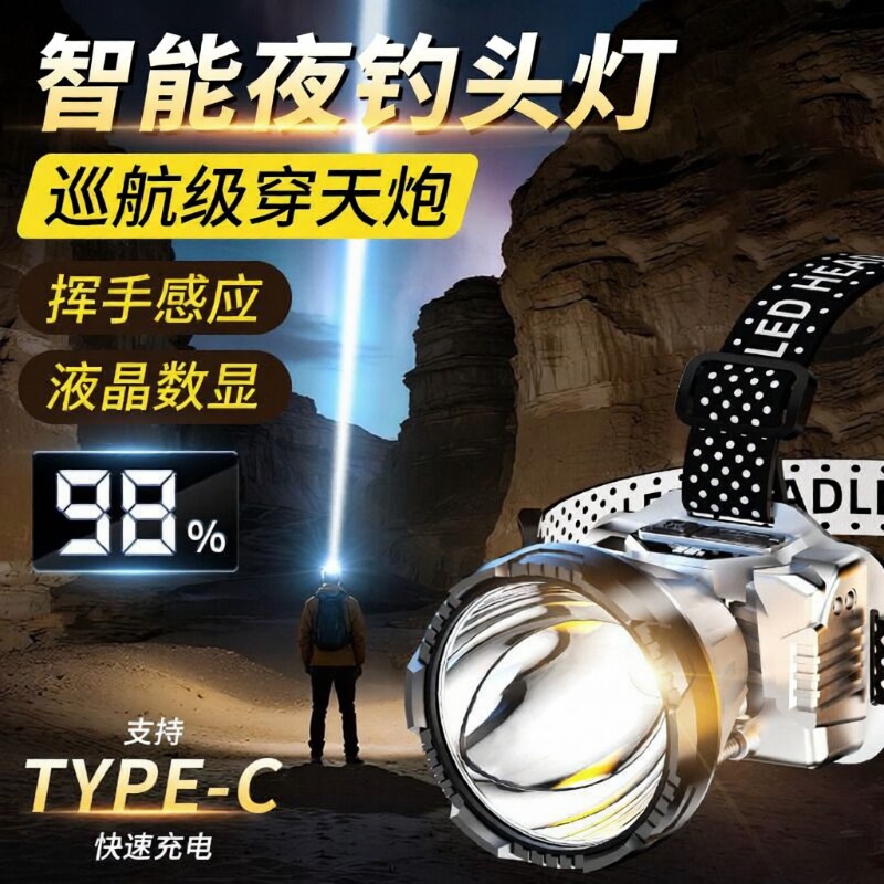 头灯头戴式强光充电超亮钓鱼专用超长续航锂电手电筒矿灯感应夜钓