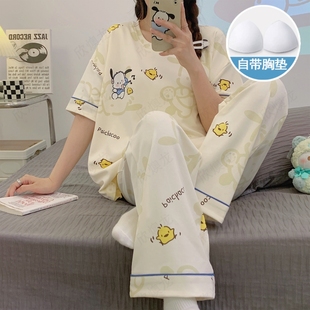 带胸垫睡衣女短袖 夏季 2025新款 长裤 休闲家居服 可爱卡通套装 春秋款