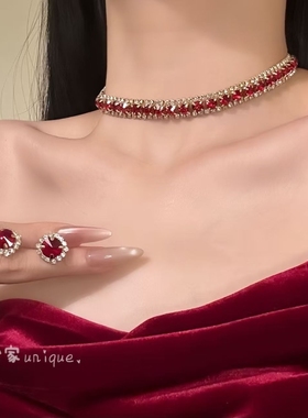 【醉人朱樱】爆闪红色项链精致高级感锁骨链耳钉套装晚宴配饰项链