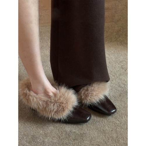 千金风~方头粗跟毛毛小皮鞋女外穿高级感一脚蹬加绒保暖单鞋秋冬