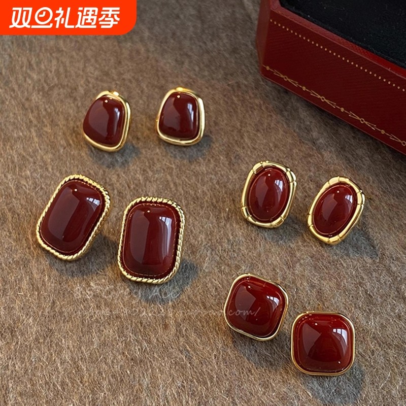 复古港风酒红色滴釉耳钉女小众奢华高级感耳环森系百搭耳饰品耳钉