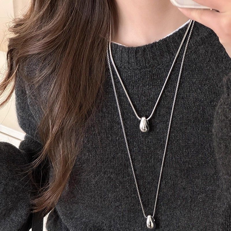 银色金属水滴钛钢项链女2025新款爆款小众长款毛衣链配饰多层