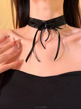 HEY TAO复古黑色蝴蝶结choker珍珠吊装项链女轻奢高级感颈链配饰