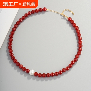 天然淡水珍珠红红火火红色玛瑙珍珠项链女款时尚百搭小米珠锁骨链