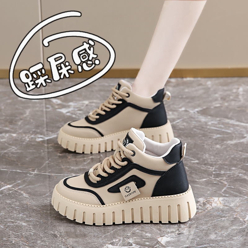 啄木鸟女鞋厚底真皮高帮鞋女2025新款秋季旅游马丁靴子34码运动休