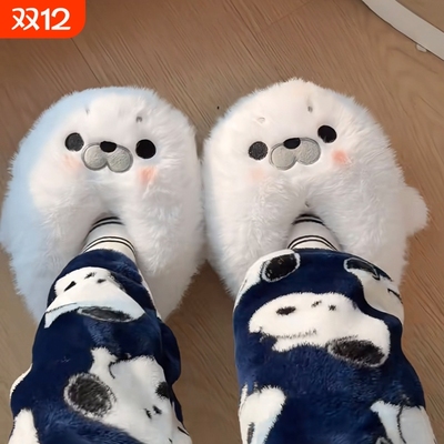可爱小海豹玩偶毛绒玩具棉鞋卡通防滑保暖棉拖鞋少女心踩屎感加厚