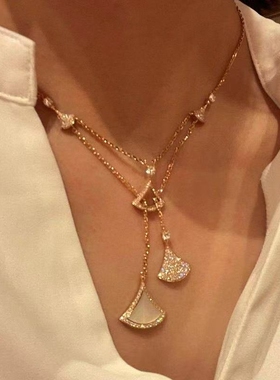 简约个性设计流苏裙子项链女网红晚宴扇形玫瑰金色双层满钻锁骨链
