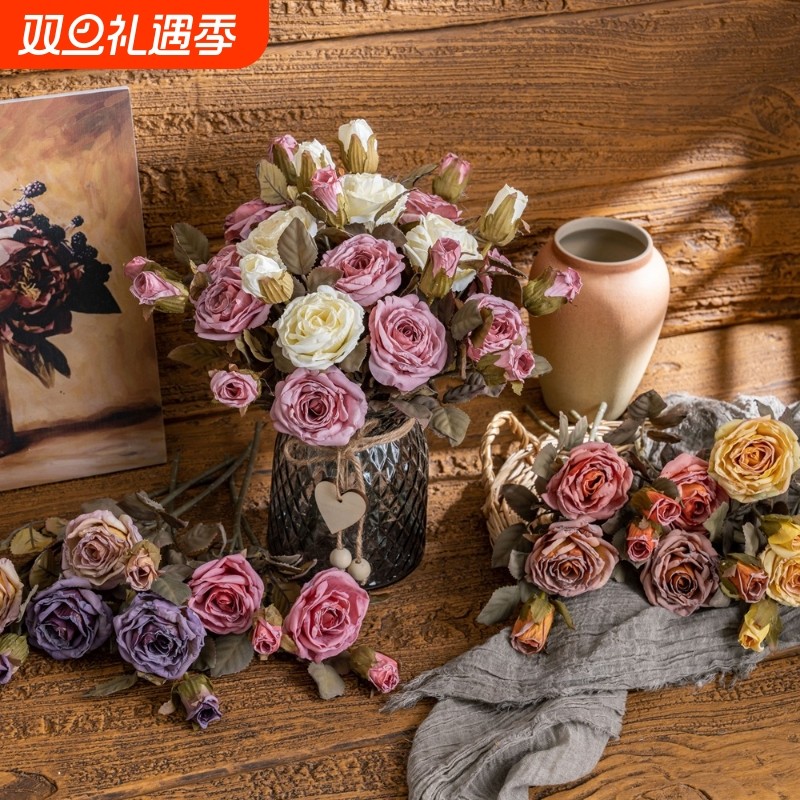 【新品】装饰南城尾双头玫瑰仿真花家居婚庆手捧花玫瑰花墙假花IN