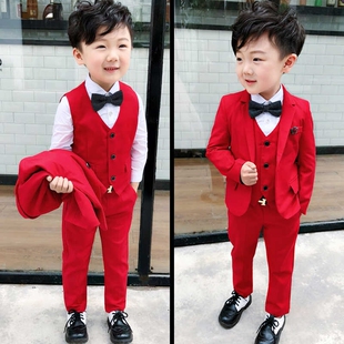 男童大红色西装套装宝宝周岁礼服男帅气儿童演出服主持人表演西服
