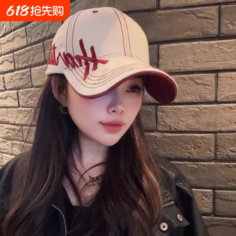 字母刺绣棒球帽子女2026春季新款遮阳鸭舌帽大帽檐红色黑色折叠