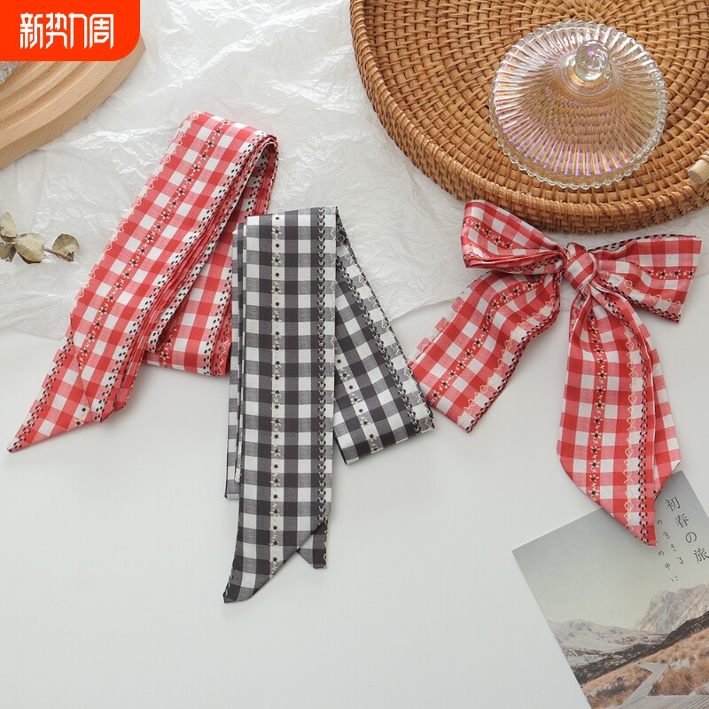 复古花墙撞色格子装饰腰带细窄长条丝巾气质百搭领巾发带飘带配饰