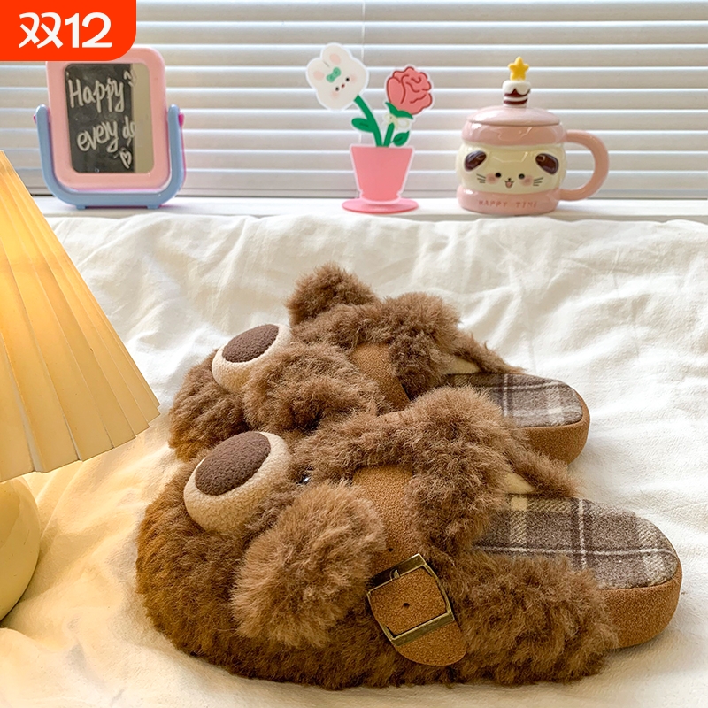 可爱卡通勃肯鞋包头半拖鞋女外穿2025秋冬新款加绒保暖厚底棉拖鞋