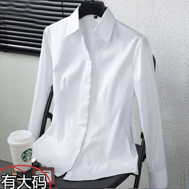 白色衬衫女春秋长袖上衣职业面试正装工作服气质工装大码蓝色衬衣