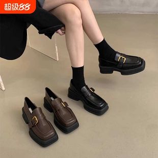 意尔康心选增高厚底乐福单鞋女2024春季新款复古方头粗跟英伦风小