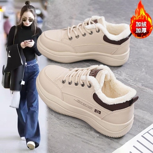 2025冬季新款回力女鞋加绒运动棉鞋保暖皮面百搭厚底防滑防水白色