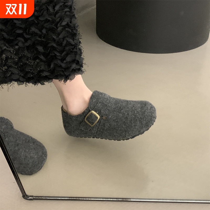 厚底灰色毛呢全包勃肯鞋女2025新款秋冬一脚蹬加绒豆豆鞋博肯棉鞋