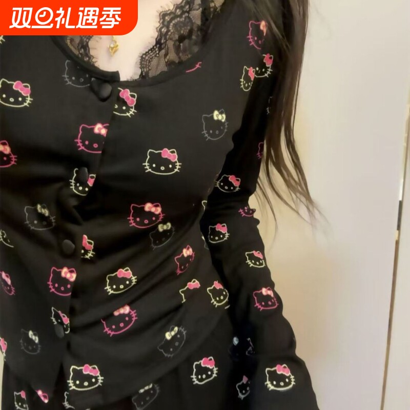 2025带胸垫莫代尔睡衣女春秋季新款KT猫甜美长袖长裤家居服可外