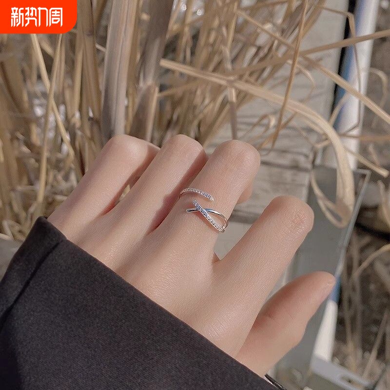 小众交叉戒指可调节女银色设计高级冷淡食指精致ins开口简约指环