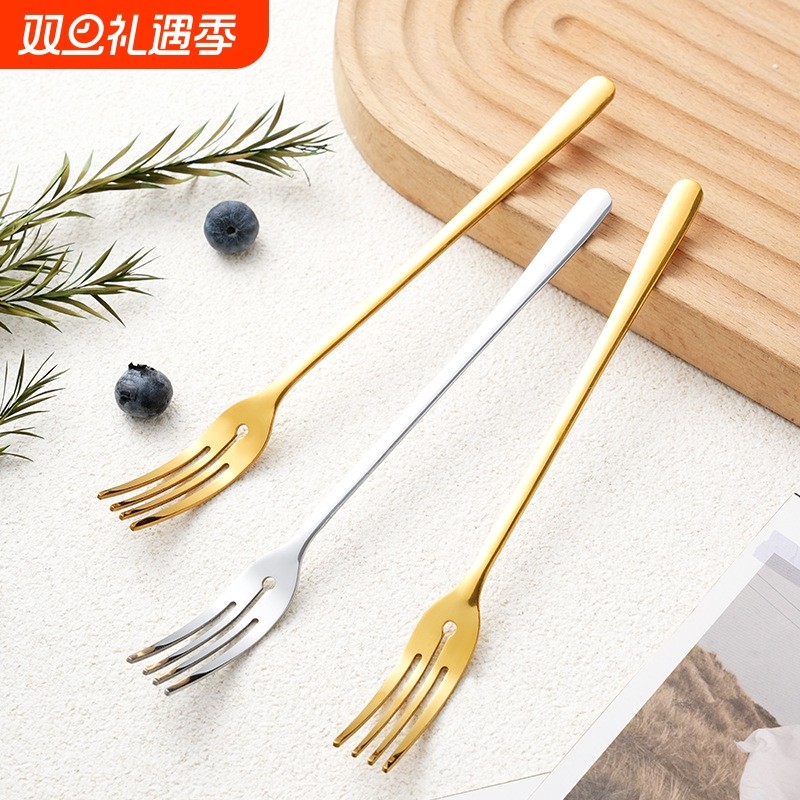 不锈钢小叉子蛋糕甜品叉金色高颜值家用沙拉水果叉网红圆孔四齿叉