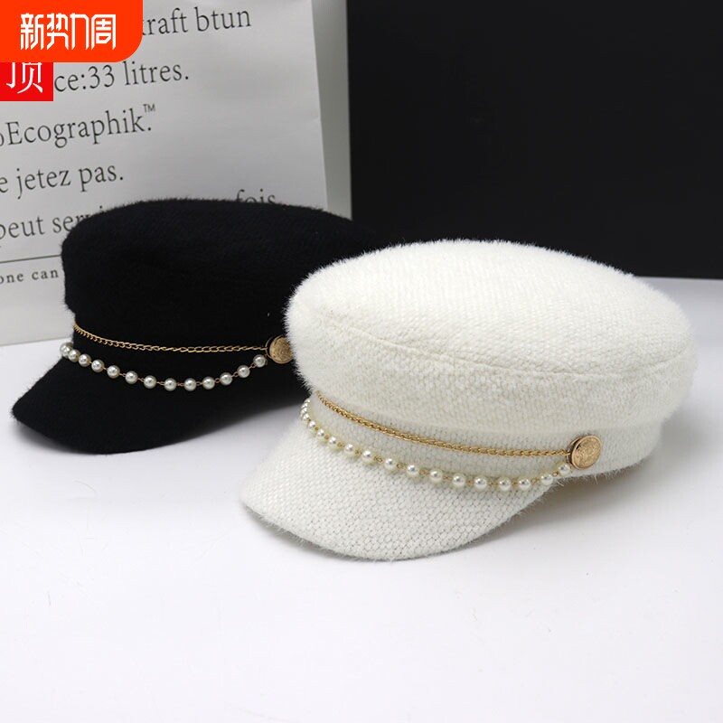 海军帽子女秋冬季韩版时尚保暖鸭舌帽日系网红平顶帽贝雷帽潮珍珠