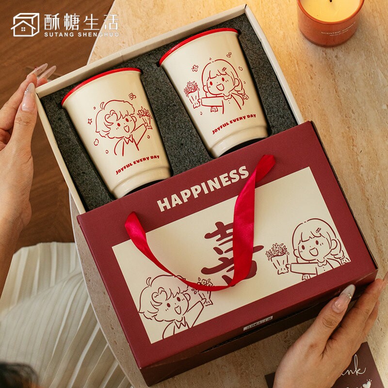 红色喜庆陶瓷漱口杯新婚礼物刷牙杯子情侣家用牙杯牙缸一对伴手礼