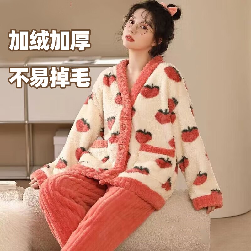 【加绒加厚】睡衣两件套装女法兰绒乌龙桃可外穿秋冬家居服宽松