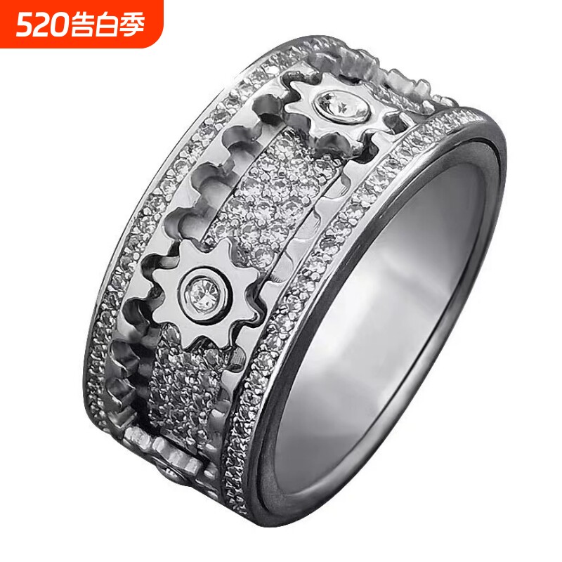 热卖齿轮戒指可转动戒指男女情侣旋转轮满天星指环潮流玫瑰金对戒