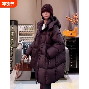 户外今年流行爆款羽绒棉服女中长款冬季2025新款大码加厚鸭绒黑色
