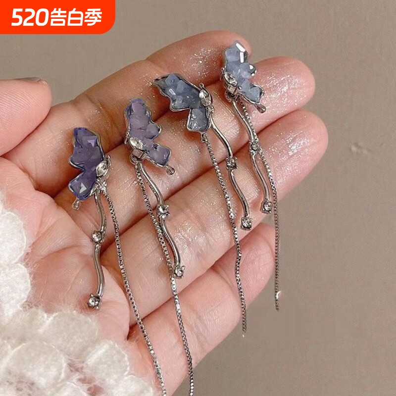 水晶蝴蝶流苏高级感耳环女2026年新款耳钉冷淡风精致爆款耳坠耳饰