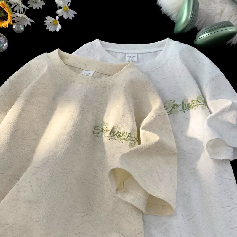 天丝棉冰丝短袖t恤男士夏季薄款重磅刺绣宽松半袖体恤白色黑色