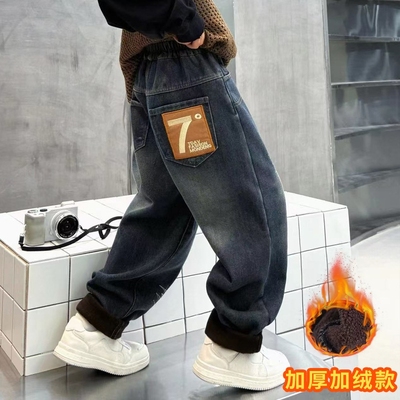 儿童童裤2025新款男童牛仔裤一体绒加绒保暖裤子棉裤厚绒弹力A140