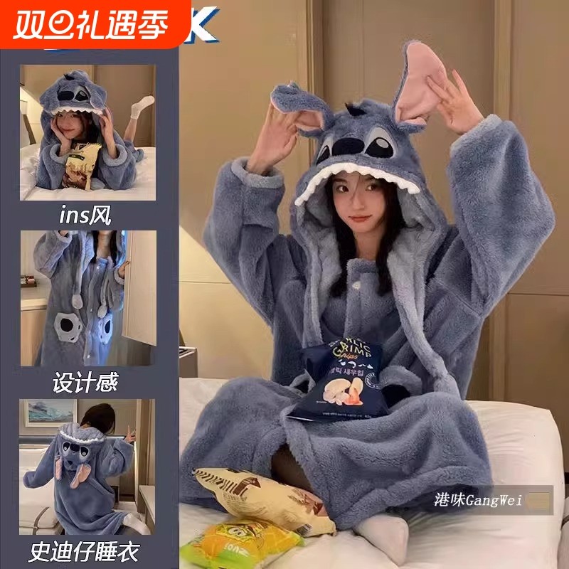 秋冬珊瑚绒史迪仔睡袍女加绒加厚长款睡裙学生家居服外穿小丑鱼