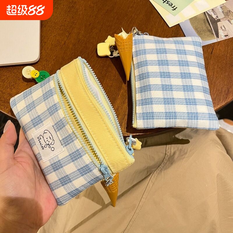 韩系奶黄撞色格子零钱包图片
