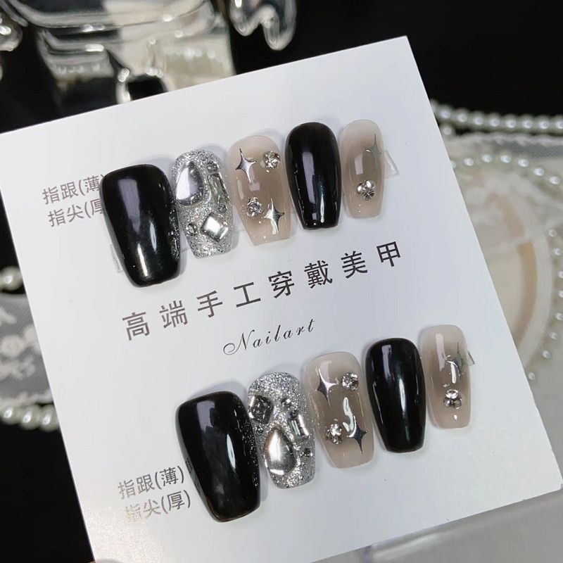 手工穿戴甲批发短款美甲黑色满钻星芒高级感假指甲贴片光疗指甲片