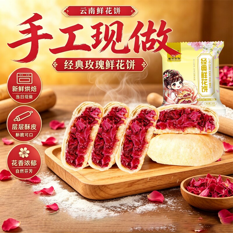 现烤手工纯玫瑰鲜花饼云南特产官方旗舰店点心小吃玫瑰花礼盒甄选