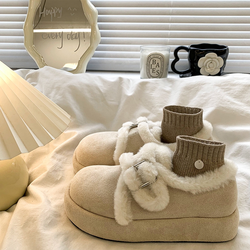 厚底勃肯鞋女加绒毛毛棉鞋2024冬季新款雪地靴保暖乐福鞋黑色毛绒