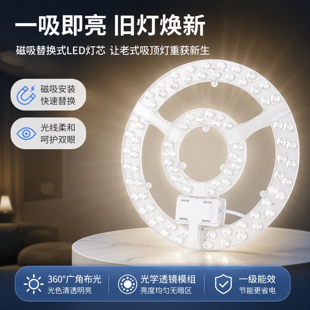 卧室LED吸顶灯芯替换节能磁吸灯盘灯管模组灯板光源磁铁圆形室内