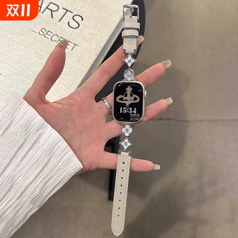 适用苹果手表s11表带镶钻四叶草iwatchs10金属拼皮幸运草s9/8/7/6/5/4/3/2/1轻奢高级腕带ultra1/2/3智能配件