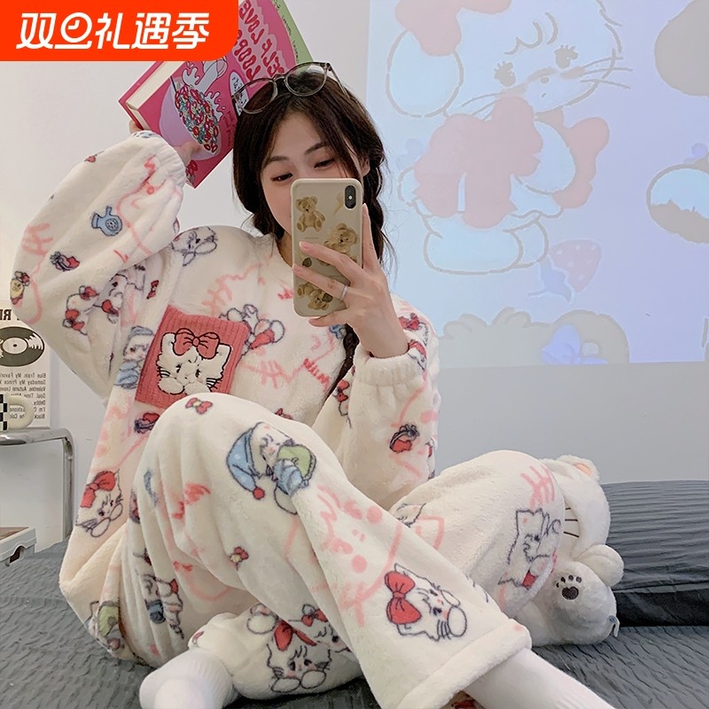 珊瑚绒睡衣女秋冬季加厚加绒可外穿学生法兰绒家居服套装休闲可爱