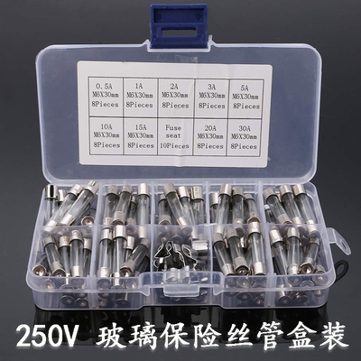 72PCS 6*30mm玻璃保险丝管熔断器250V 9种0.5A~30A带保险丝座盒装