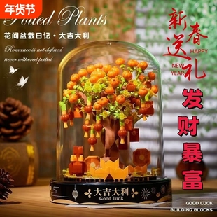 发财积木拼装花束摇钱树大吉大利益智玩具新年礼物招财盆栽玫瑰