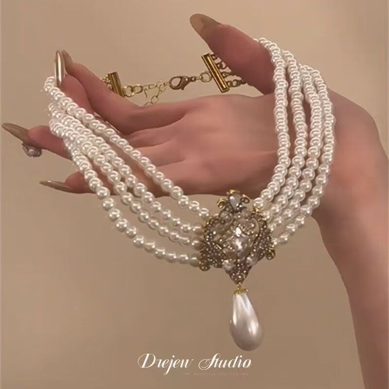 复古多层珍珠花纹水滴珍珠吊坠项链宫廷风锁骨链小众设计感颈链女