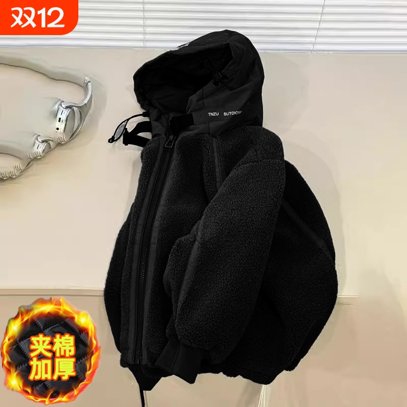 男童加绒外套春秋冬款2025新款儿童夹棉上衣中大童防风保暖潮黑色